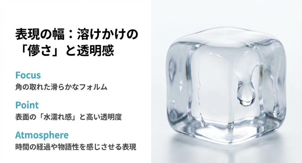 角が取れた滑らかなフォルムと、表面の水濡れ感を表現した、物語性を感じさせるレジン氷のアップ。