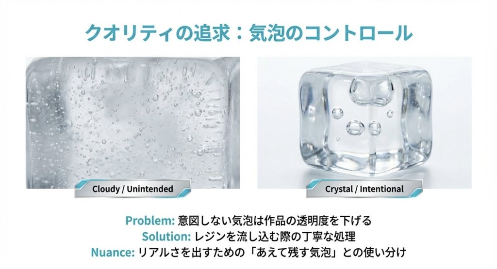 意図しない細かい気泡が入って濁った状態と、気泡処理をして透明度が高いクリスタルな状態の比較画像。