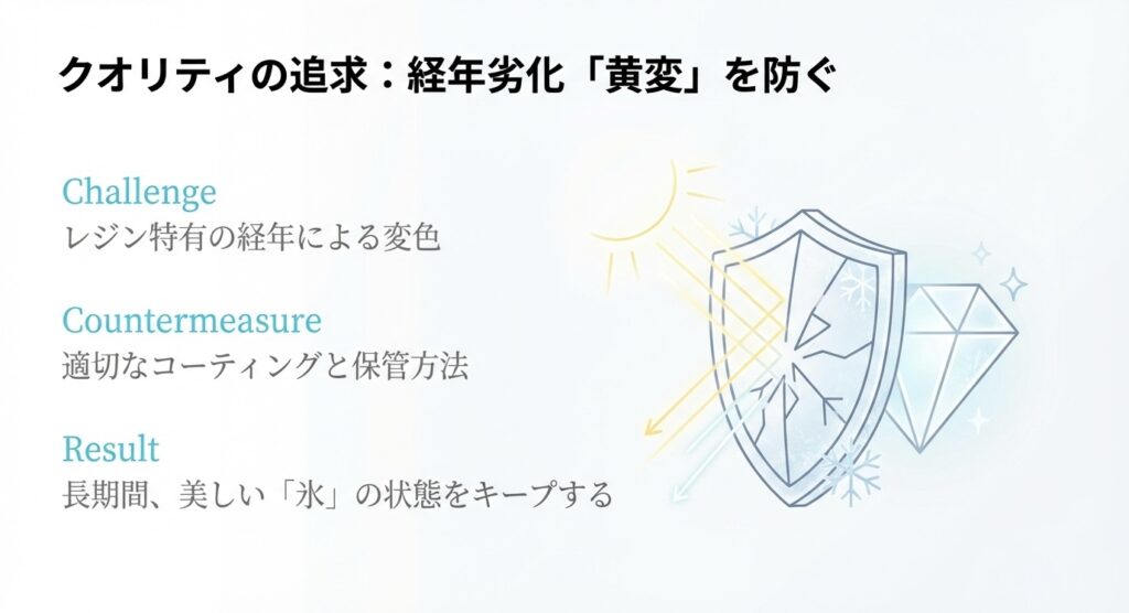 太陽光（紫外線）によるレジンの変色を防ぐため、コーティングや保管方法でブロックするイメージイラスト。