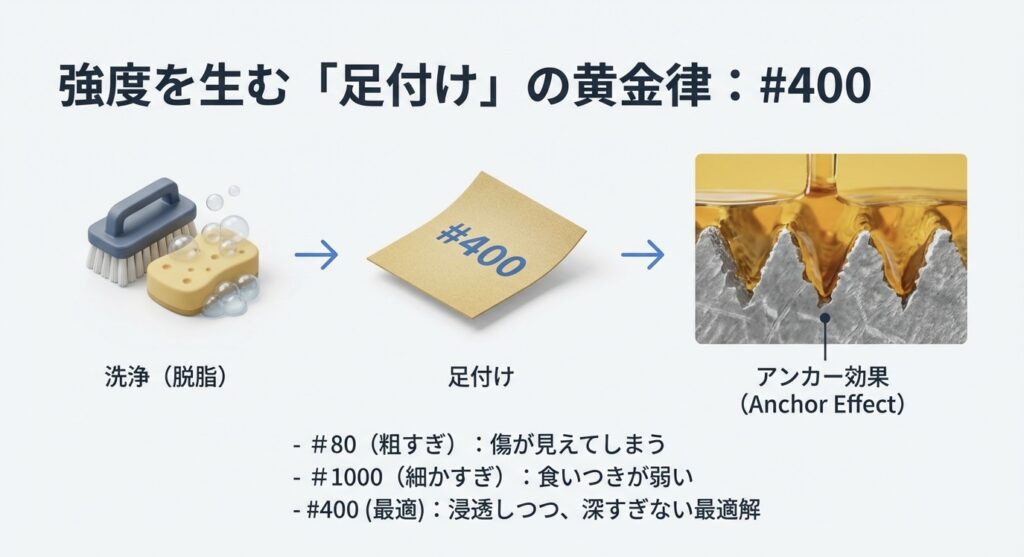洗浄から400番の紙やすりで表面を荒らし、アンカー効果(投錨効果)で接着剤の食いつきを良くする工程図