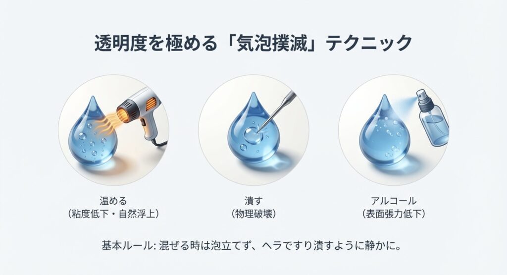 温めて粘度を下げる、物理的に潰す、アルコールで表面張力を下げるという3つの気泡除去方法