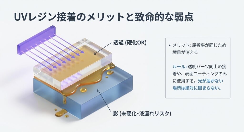 UVレジンを接着に使用する際のメリット(屈折率の一致)と、光が届かない場所は硬化しないという弱点の解説図