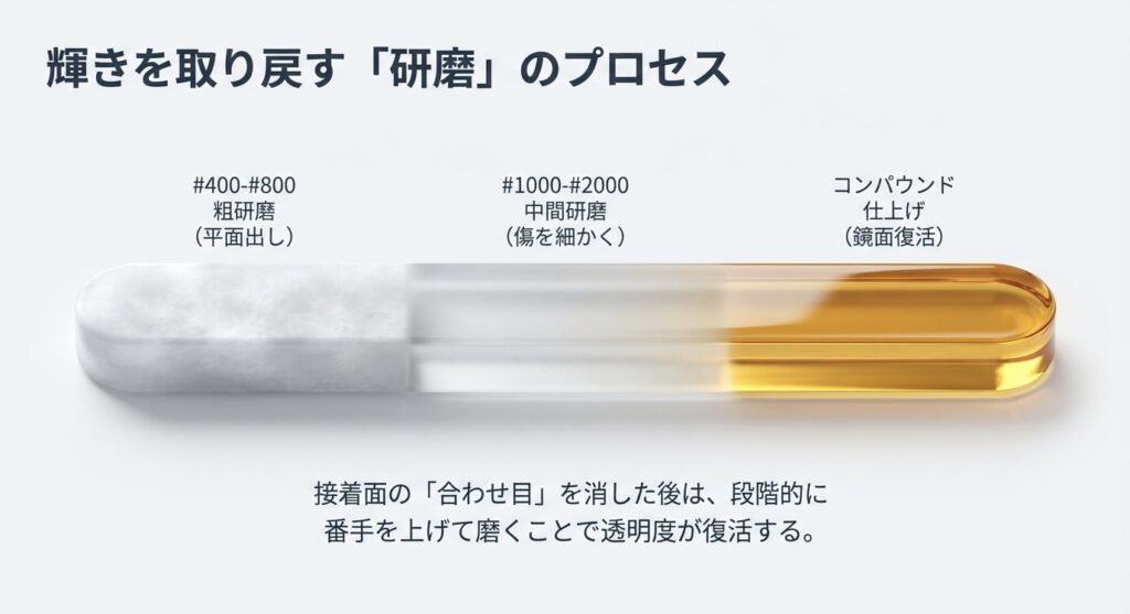 粗研磨(#400-800)、中間研磨(#1000-2000)、コンパウンド仕上げによる鏡面復活までのプロセス図