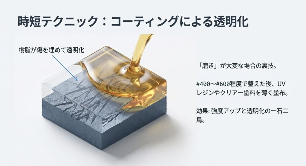 研磨の代わりにUVレジンやクリアー塗料を塗布することで、傷を埋めて透明度と強度を出す時短テクニックの図