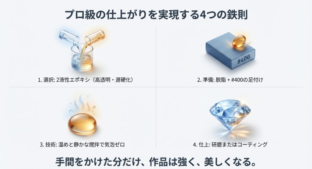 接着剤の選択、脱脂と足付け、気泡除去、研磨またはコーティングというプロ級の仕上がりに必要な4ステップのまとめ