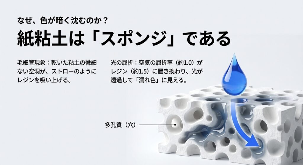 紙粘土の内部構造図解：微細な穴がスポンジのように開き、毛細管現象でレジンを吸い上げる仕組み