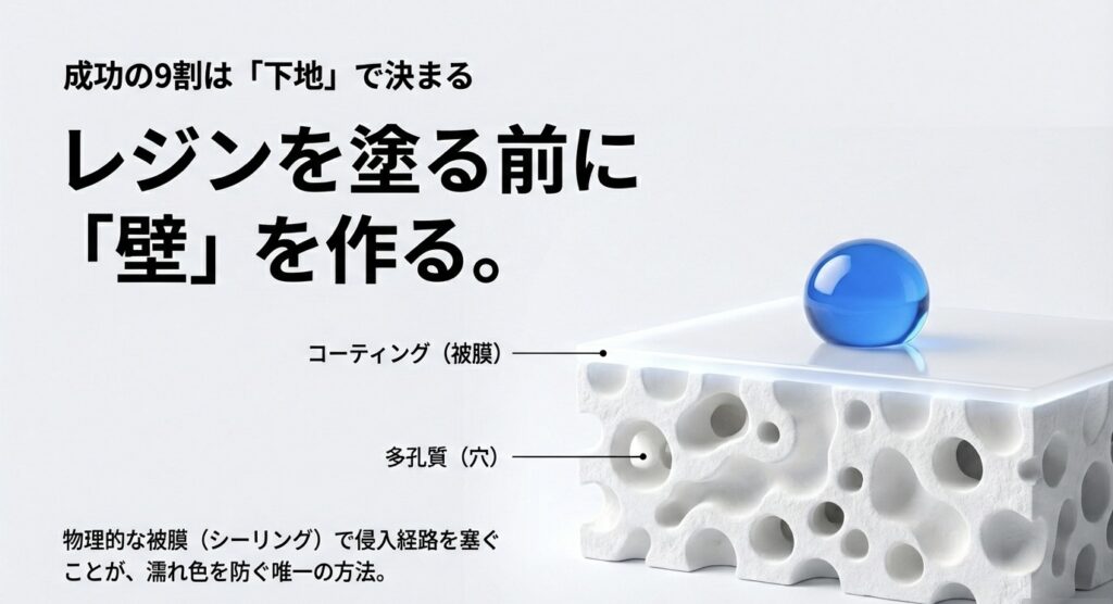 紙粘土表面に物理的な被膜（下地）を作り、レジンの染み込みを防いでいる断面図