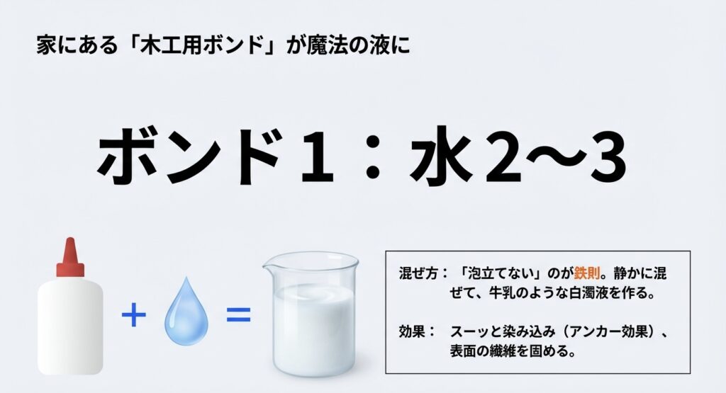 木工用ボンドを水で薄める際の比率（ボンド1対水2から3）と、泡立てない混ぜ方のコツ