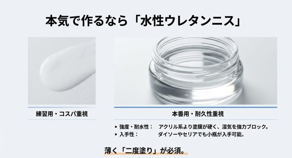 練習用の安価なニスと、本番用の耐久性が高い水性ウレタンニスの比較画像