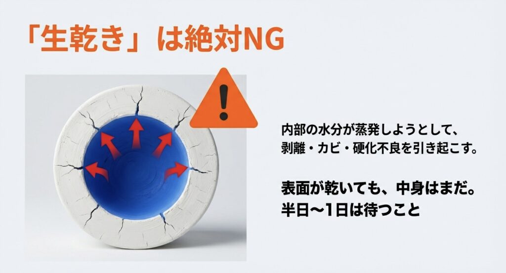 紙粘土が半乾きの状態でレジンを塗った場合に起こる、内部水分の蒸発によるひび割れや剥離の図解