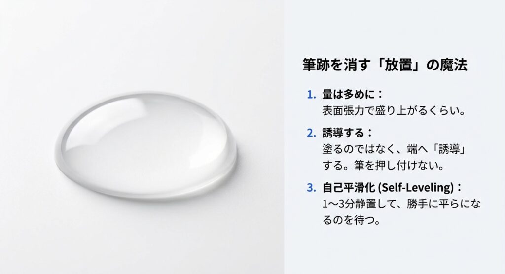 レジンを多めに塗り、表面張力を利用して筆跡を消す「放置の魔法」の3ステップ解説