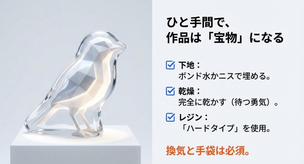 レジンコーティングを成功させるための3つのポイント：下地処理、完全乾燥、ハードタイプレジンの使用