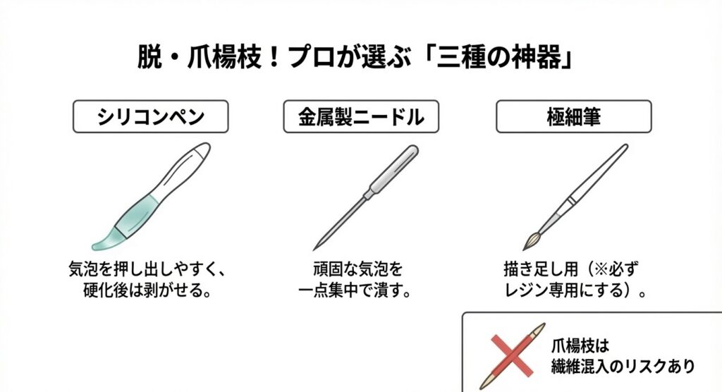 爪楊枝の代わりにプロが選ぶレジン道具(シリコンペン、金属製ニードル、極細筆)の用途とメリット