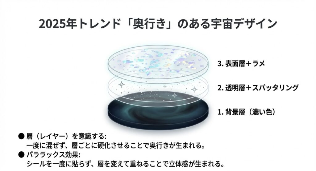 背景層、透明層、表面層に分けて硬化させることで、パララックス効果を生む宇宙塗りレジンの構造図