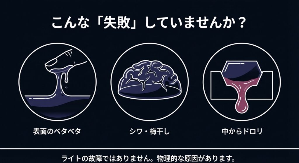 レジン制作の失敗例イラスト。表面のベタベタ、シワ・梅干し現象、中から未硬化のレジン液が流れ出る様子の3パターン。