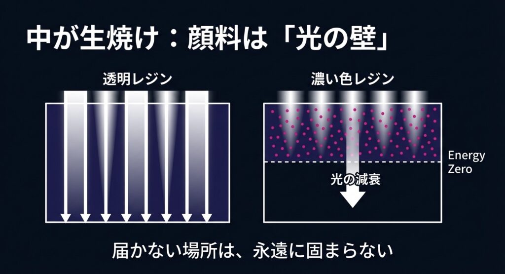 透明レジンと濃い色レジンの光の透過比較。顔料が光を遮り、底までエネルギーが届かず未硬化になる様子を示した図。
