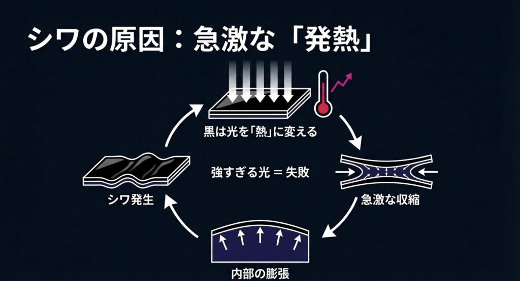 黒いレジンが光を熱に変え、急激な収縮と内部膨張によって表面にシワが発生するサイクルの図解。