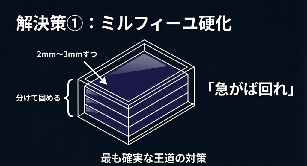 レジンを2mm〜3mmずつ層に分けて硬化させる「ミルフィーユ硬化」で、深部まで確実に固める方法の図解。