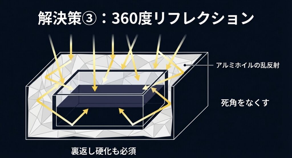 アルミホイルの乱反射を利用して、モールドの側面や底面など死角になりやすい場所へ全方向から光を当てる硬化テクニックの図解。