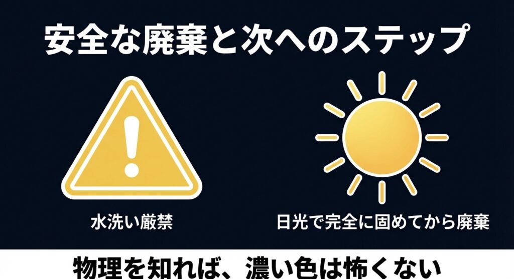 レジンの水洗い厳禁を示す警告マークと、日光（紫外線）で完全に固めてから廃棄することを促す注意喚起のイラスト。