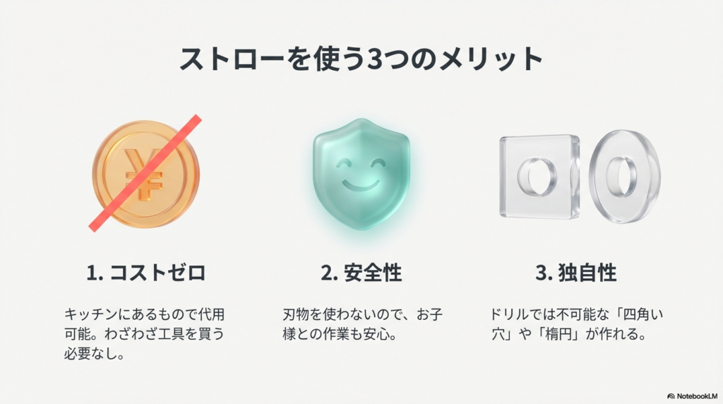 レジンの穴開けにストローを使う3つの利点。コストゼロ、刃物を使わない安全性、四角い穴が作れる独自性のアイコン図解。