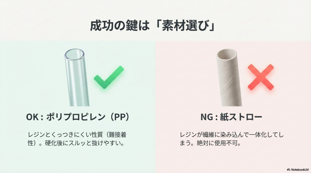 レジン穴開けに適したポリプロピレン（PP）製ストローと、使用不可の紙ストローを比較した画像。PPはOK、紙はNG。