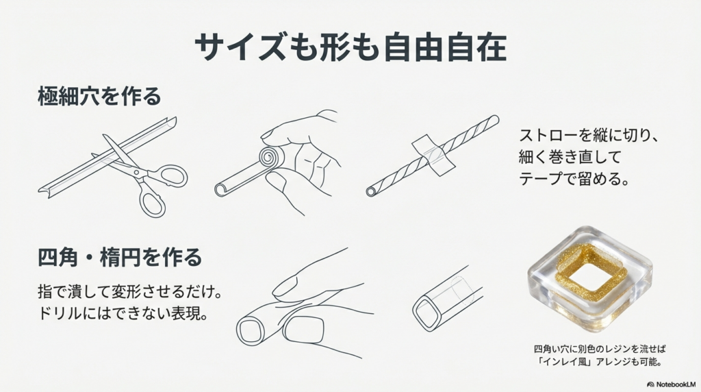 ストローを縦に切って極細穴を作る方法と、指で潰して四角や楕円の穴を作る方法のイラスト解説。