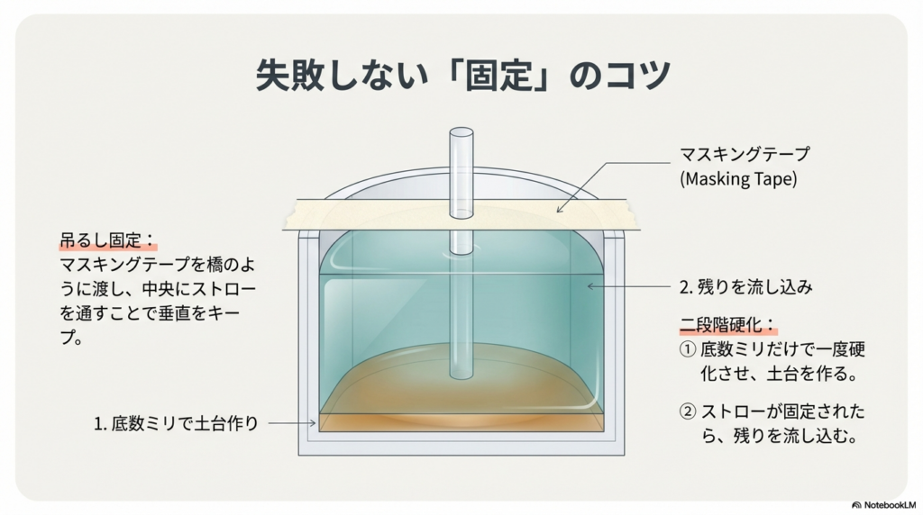 レジン硬化中にストローが動かないよう、マスキングテープを橋のように渡して垂直に固定する「吊るし固定」の図解。