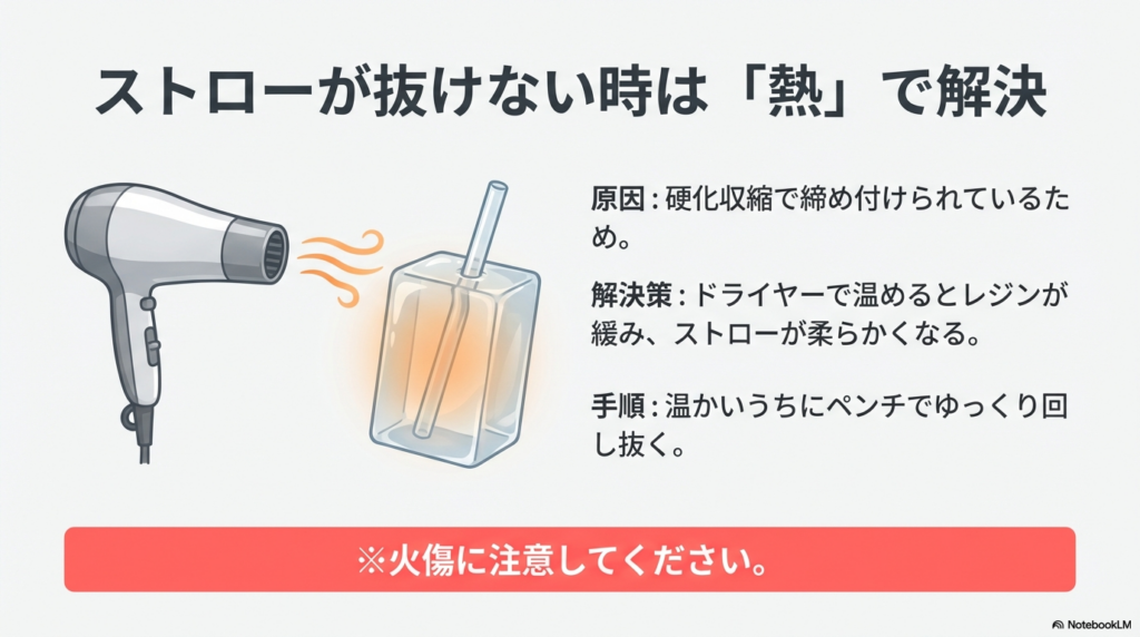 硬化収縮でストローが抜けなくなった際、ドライヤーで温めてレジンを緩め、ペンチで引き抜く手順のイラスト。