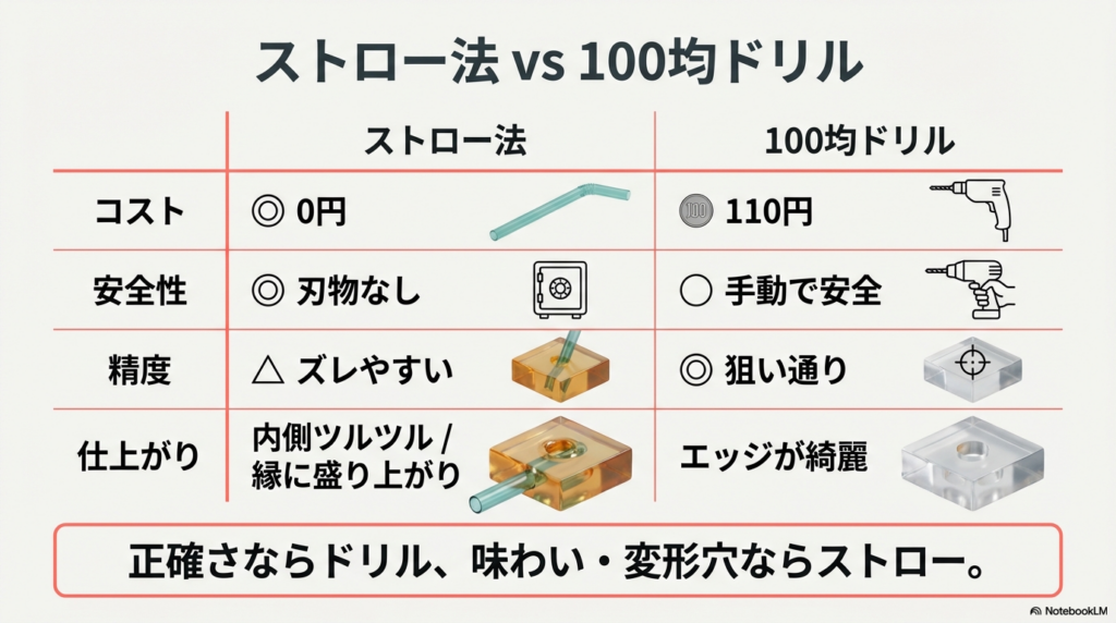 レジンの穴開けにおけるストロー法と100均ドリル法の比較表。コスト、安全性、精度、仕上がりの違いを解説。