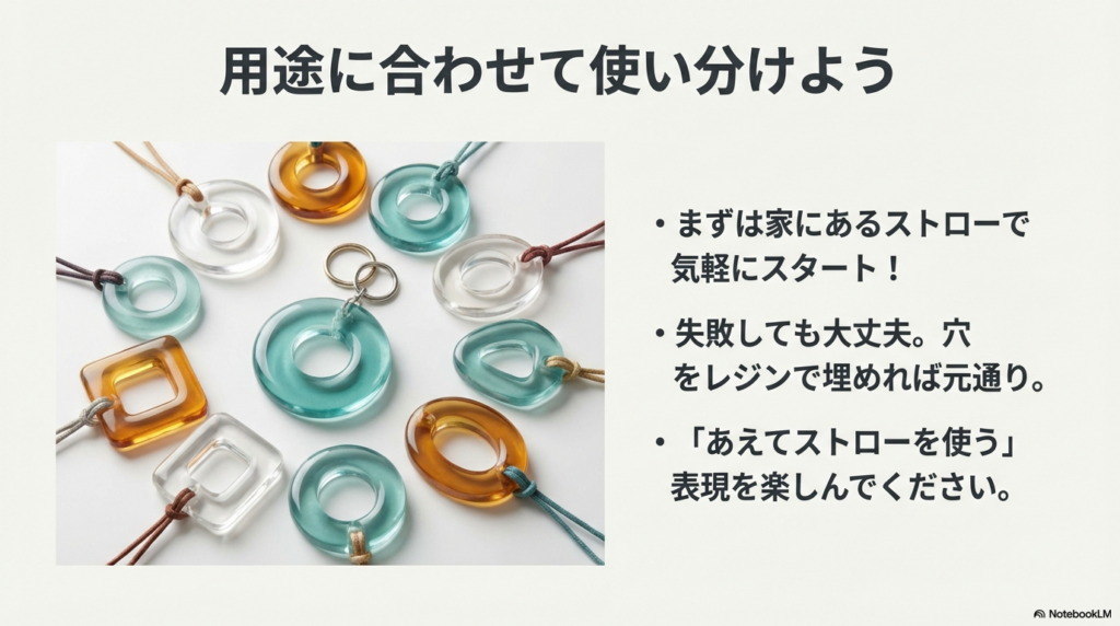 丸や四角など様々な形のストロー穴を開けたレジンアクセサリーの集合写真。用途に合わせて使い分ける楽しみ方を提案。