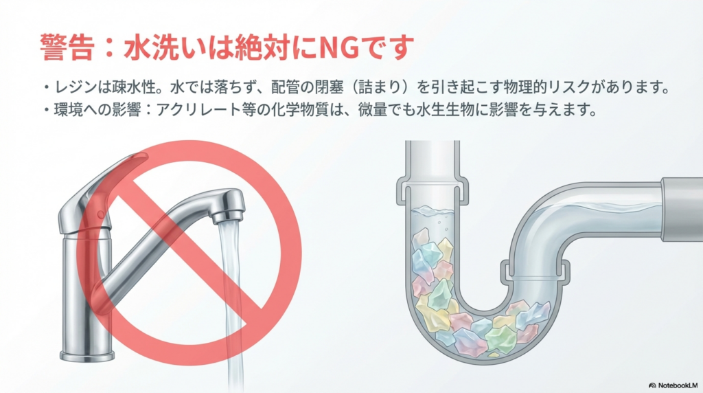水道蛇口に禁止マークがついたイラストと、排水管の中でレジンが固まって詰まっている断面図。「水洗いは絶対にNGです」の警告文。