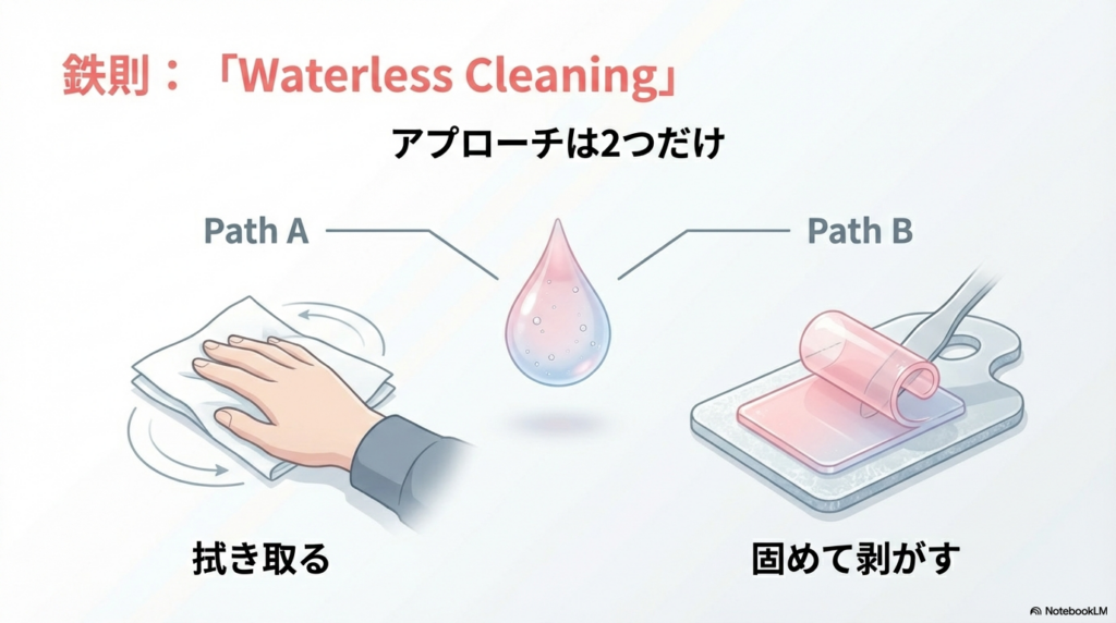 「Waterless Cleaning」の概念図。Path Aはペーパーで拭き取る手、Path Bは固まったレジンをヘラで剥がす様子を描いたイラスト。