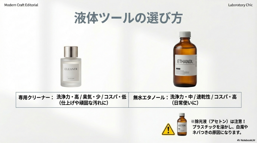 専用クリーナーと無水エタノールのボトル写真。それぞれの洗浄力、臭気、コスパの比較と、除光液（アセトン）への注意書き。