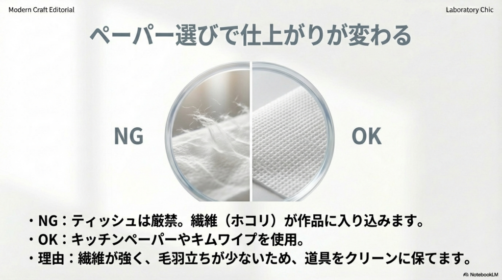 NG例のティッシュの毛羽立ちと、OK例のキッチンペーパーの表面を拡大比較した写真。「ティッシュは厳禁。繊維が作品に入り込みます」という解説。