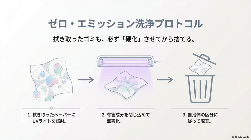 拭き取ったペーパーにUVライトを照射し、有害成分を閉じ込めて無害化してからゴミ箱へ捨てる手順のイラスト。
