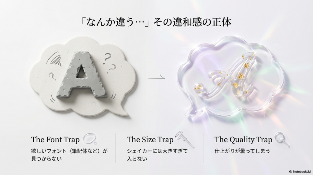 レジン型選びの3つの罠。欲しいフォントが見つからない、サイズが合わない、仕上がりが曇ってしまうという失敗例の図解。