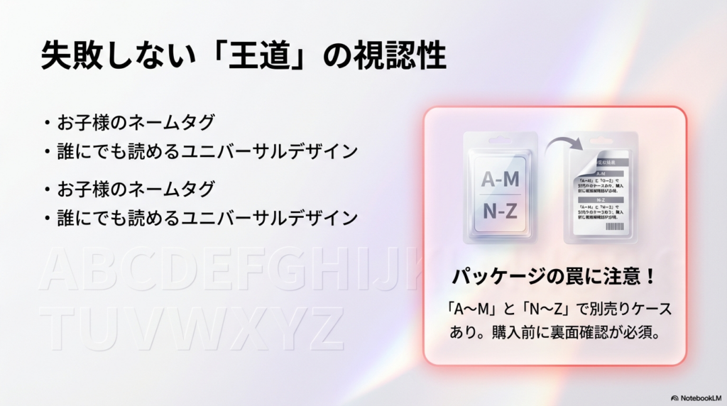 視認性が高いダイソーのブロック体モールド。パッケージが前半（A-M）と後半（N-Z）に分かれている点に注意が必要であることを示す図。