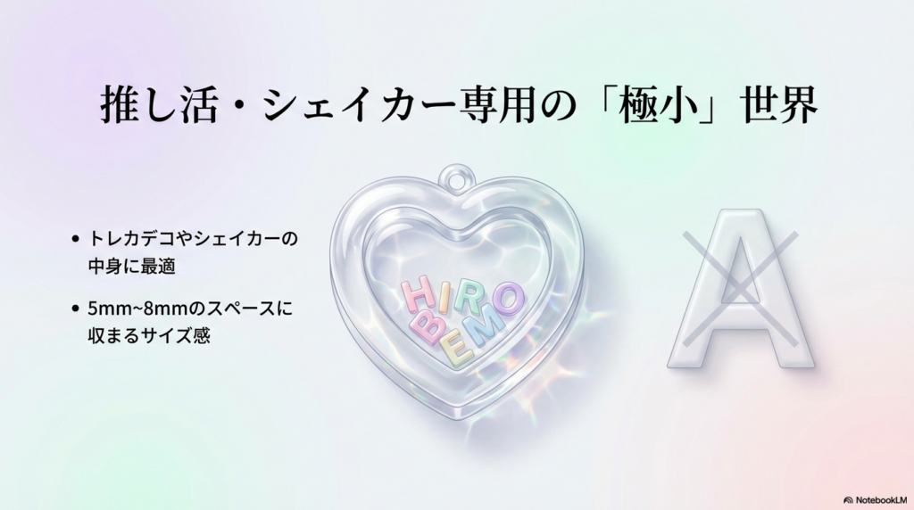 トレカデコやシェイカーの中身に最適な5mm〜8mmの極小サイズアルファベット。一般的なサイズでは大きすぎて入らない場合の比較図。