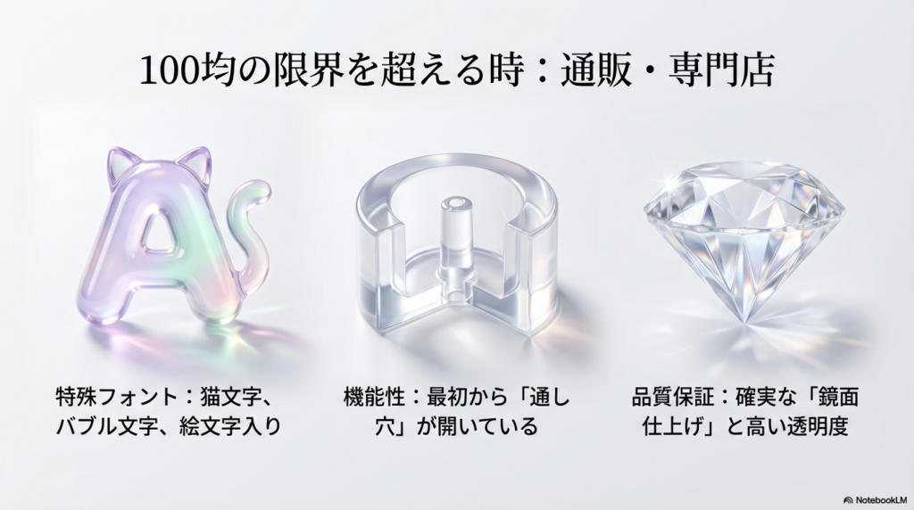 通販や専門店で扱われている特殊フォント（猫文字）、通し穴付き、高品質な鏡面仕上げといった高機能なレジン型の特徴。