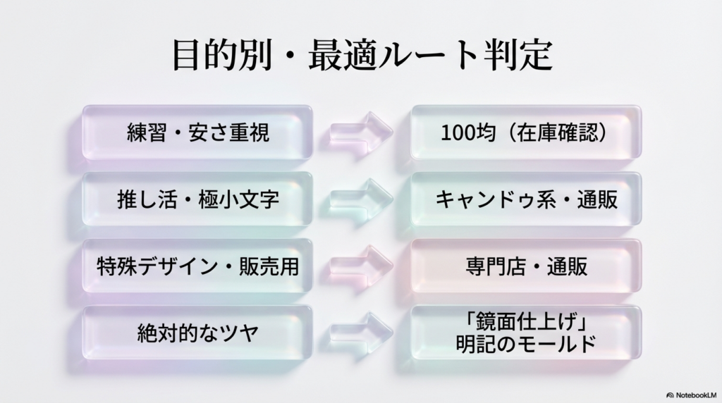 練習用なら100均、推し活ならキャンドゥ、販売用やツヤ重視なら専門店・通販といった、目的別の最適ルート判定チャート。