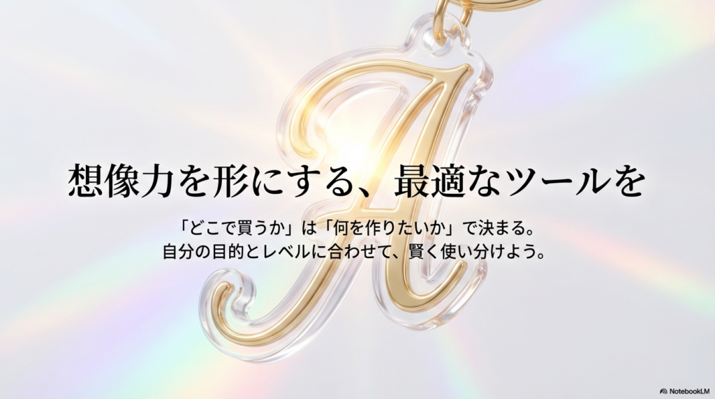 「どこで買うか」は「何を作りたいか」で決まる。自分の目的とレベルに合わせて賢く道具を使い分けることを推奨するイメージ画像。