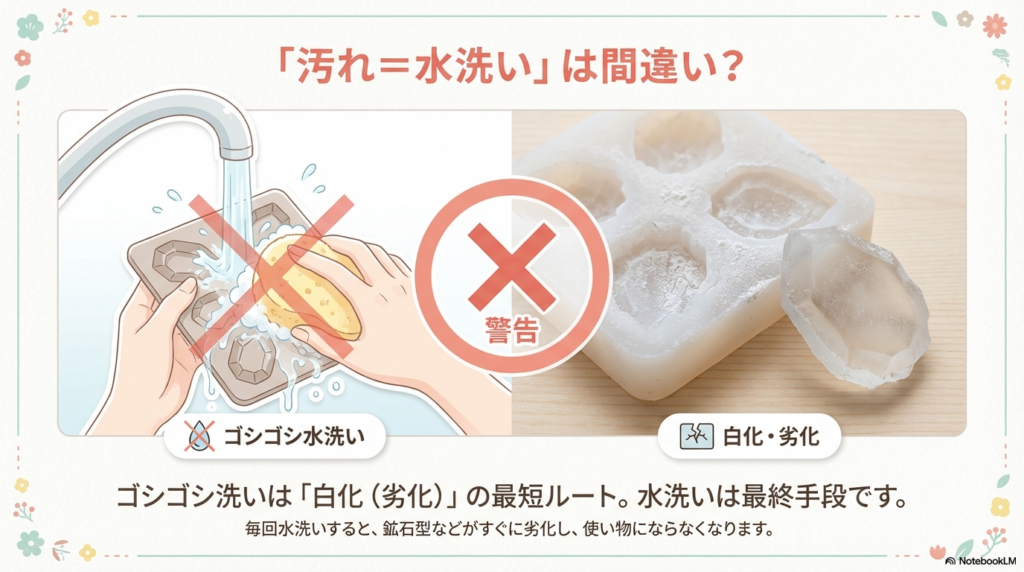 モールドをスポンジでゴシゴシ水洗いするイラストに×印。水洗いが白化や劣化の最短ルートであることを警告する比較画像。