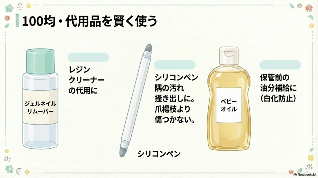 ジェルネイルリムーバー、シリコンペン、ベビーオイルのイラスト。それぞれの用途（クリーナー代用、汚れ掻き出し、油分補給）を解説した図。