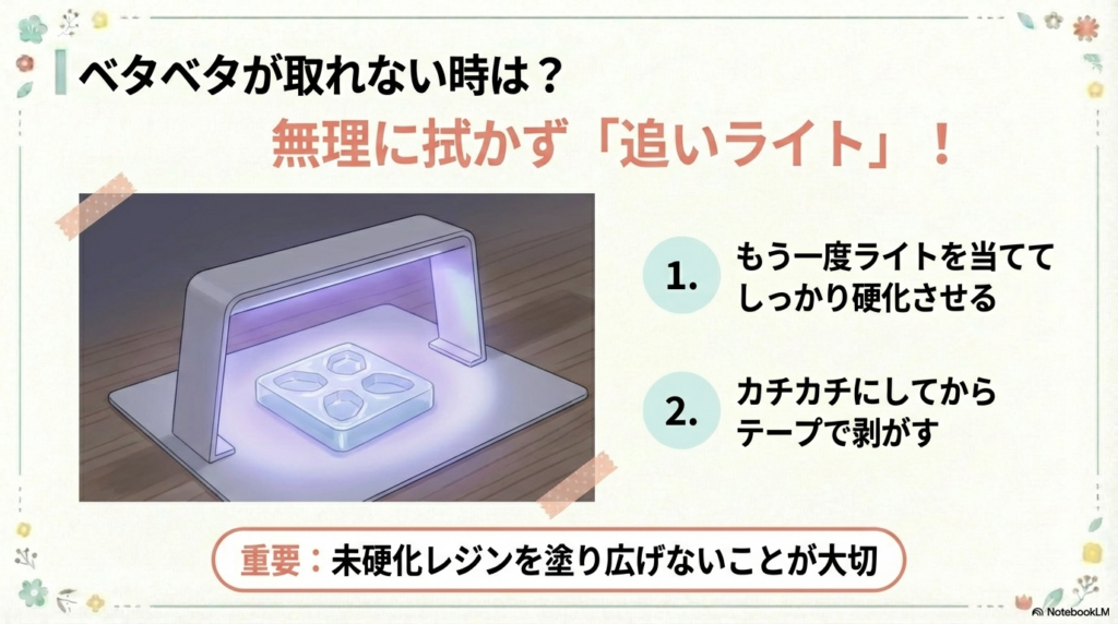 モールドに再度ライトを当てて未硬化レジンを硬化させ、テープで剥がす手順を示したイラスト。「無理に拭かず追いライト」の解説図。