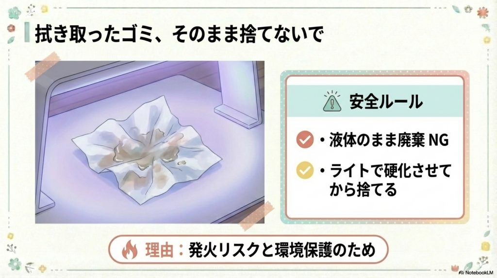 拭き取ったティッシュにUVライトを当てているイラスト。液体のまま廃棄せず、硬化させてから捨てるという安全ルールを説明している。