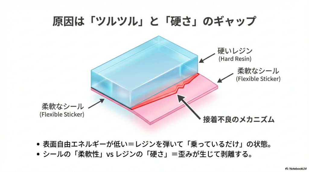 硬いレジンと柔軟なシールの間に歪みが生じ、接着不良が起こる仕組みを図解。表面自由エネルギーが低くレジンを弾いてしまっている状態の説明。