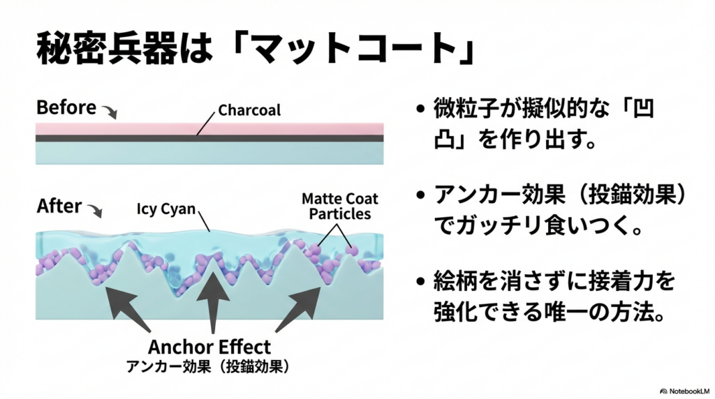マットコートに含まれる微粒子がシール表面に凹凸を作り、レジンが入り込んで強力に密着する「アンカー効果」を示した断面図。