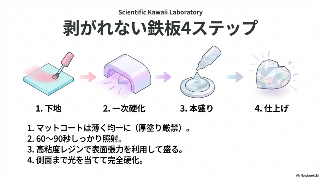 1.下地（マットコート）、2.一次硬化、3.本盛り（高粘度レジン）、4.仕上げの工程を示したフローチャートイラスト。