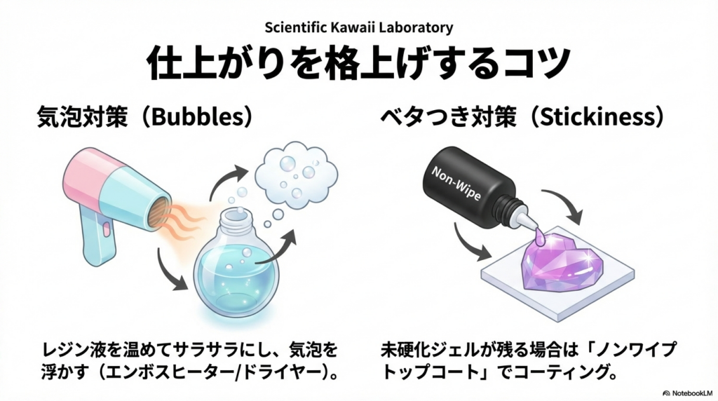エンボスヒーターでレジンを温めて気泡を消す方法と、未硬化ジェルによるベタつきをノンワイプトップコートで解消する方法のイラスト。